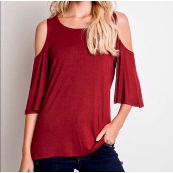 Umgee Maroon Red Cold Shoulder Blouse Small - Picture 1 of 7
